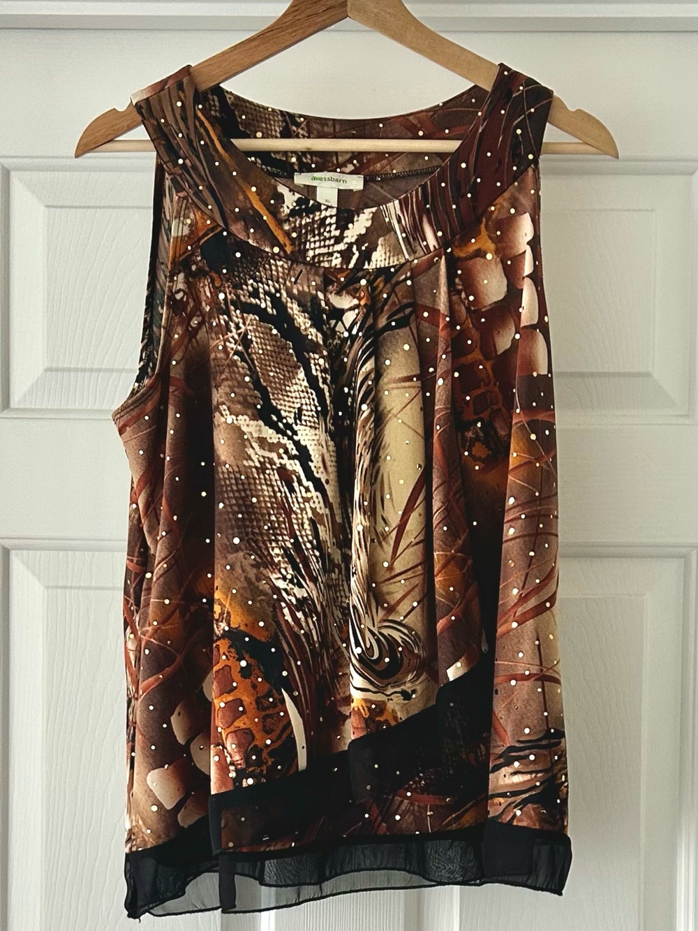 Dressbarn XL Brown Abstract Sleeveless Chiffon Overlay Blouse Gold Stud Accent